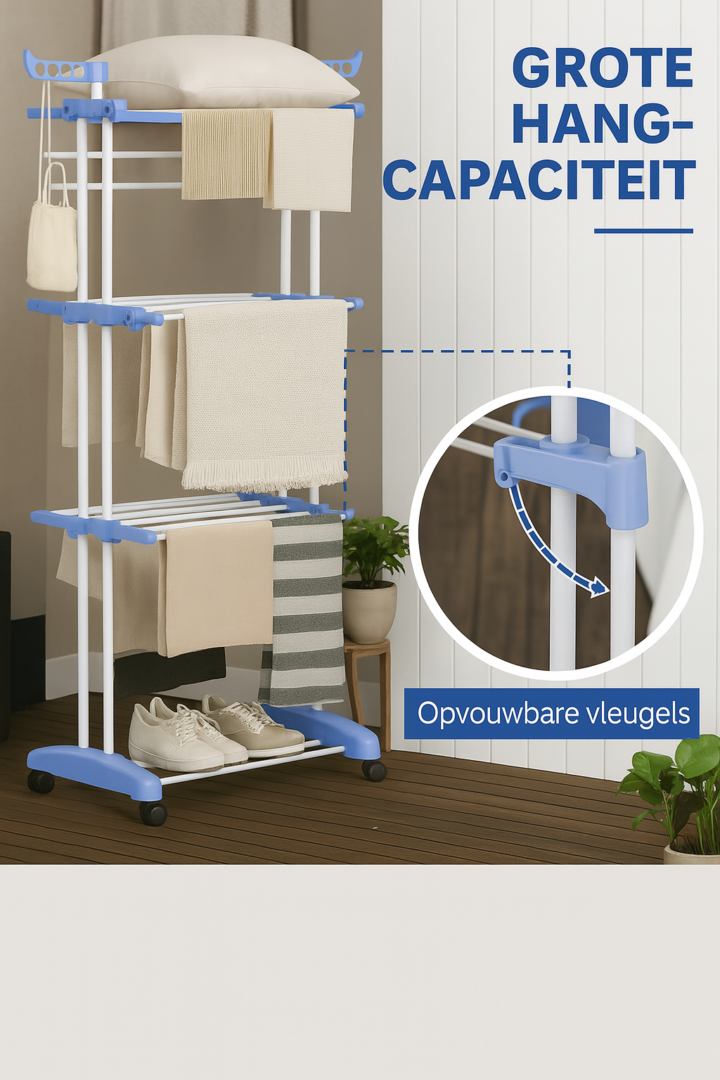 SpaceDry™ – Verrijdbaar & Opvouwbaar Droogrek met Kledinghangersteunen