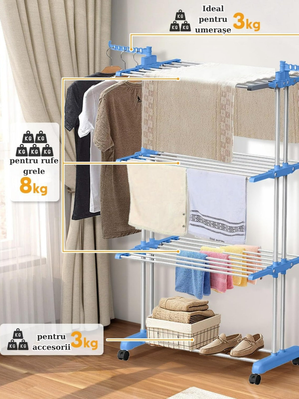 SpaceDry™ – Verrijdbaar & Opvouwbaar Droogrek met Kledinghangersteunen