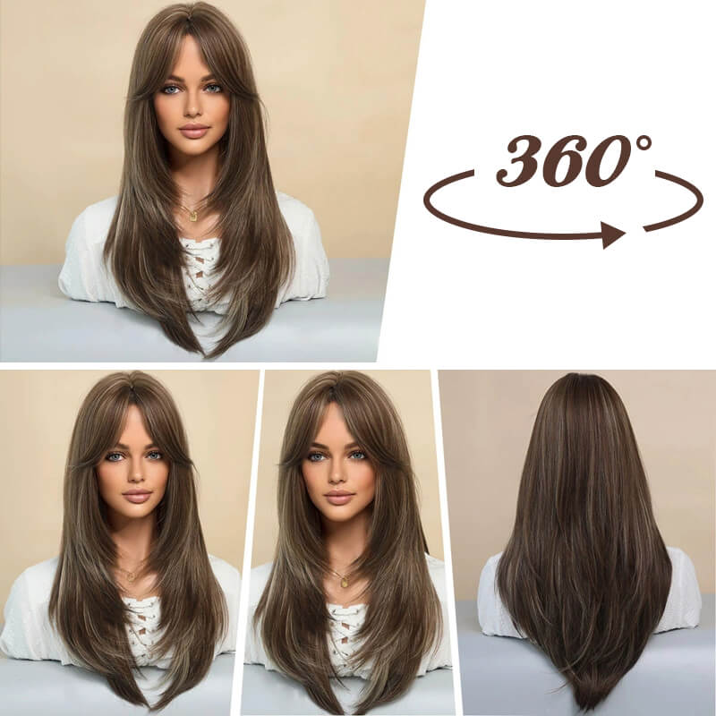 BangsBliss™ - Lange pruik met gelaagde pony voor een stijlvolle transformatie!